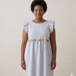 SHEIN Blue White Striped Tassel Babydoll Dress Flutter Sleeve SZ M